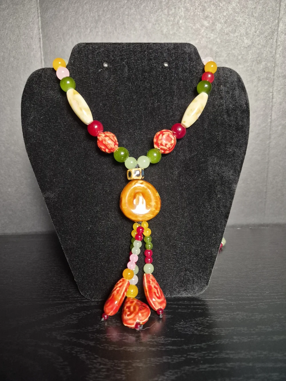 Multicolor Beaded Tassel Necklace with Yellow Pendant